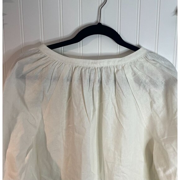 Nine West White Linen Blend Peasant Blouse With Elastic Cuffs & Tie Neck Size L - Picture 3 of 13